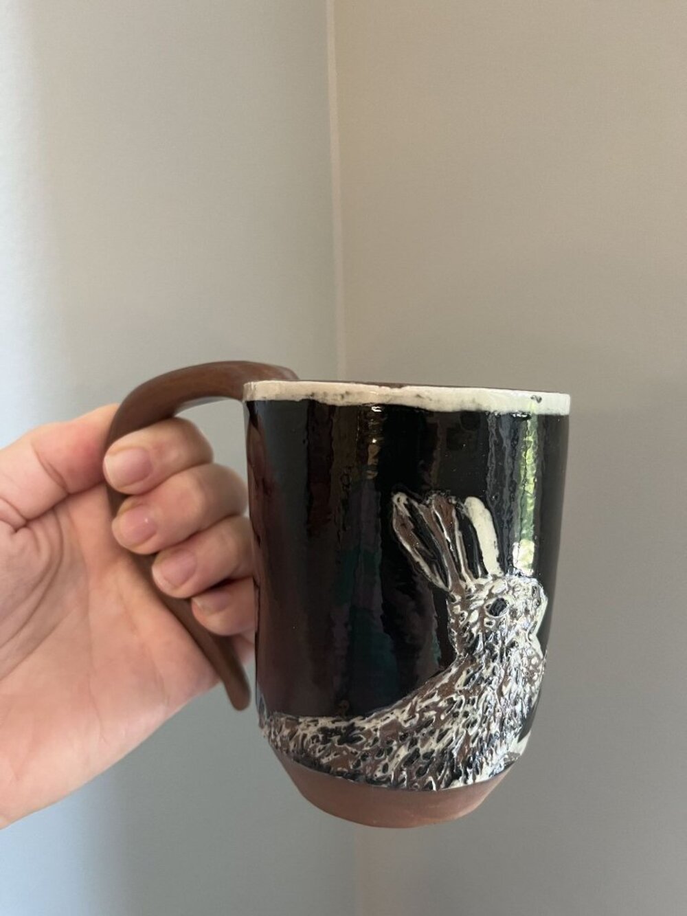 Pottery Mug With Rabbit Design By Casey Hill - Handcrafted Ceramic Art With Abst